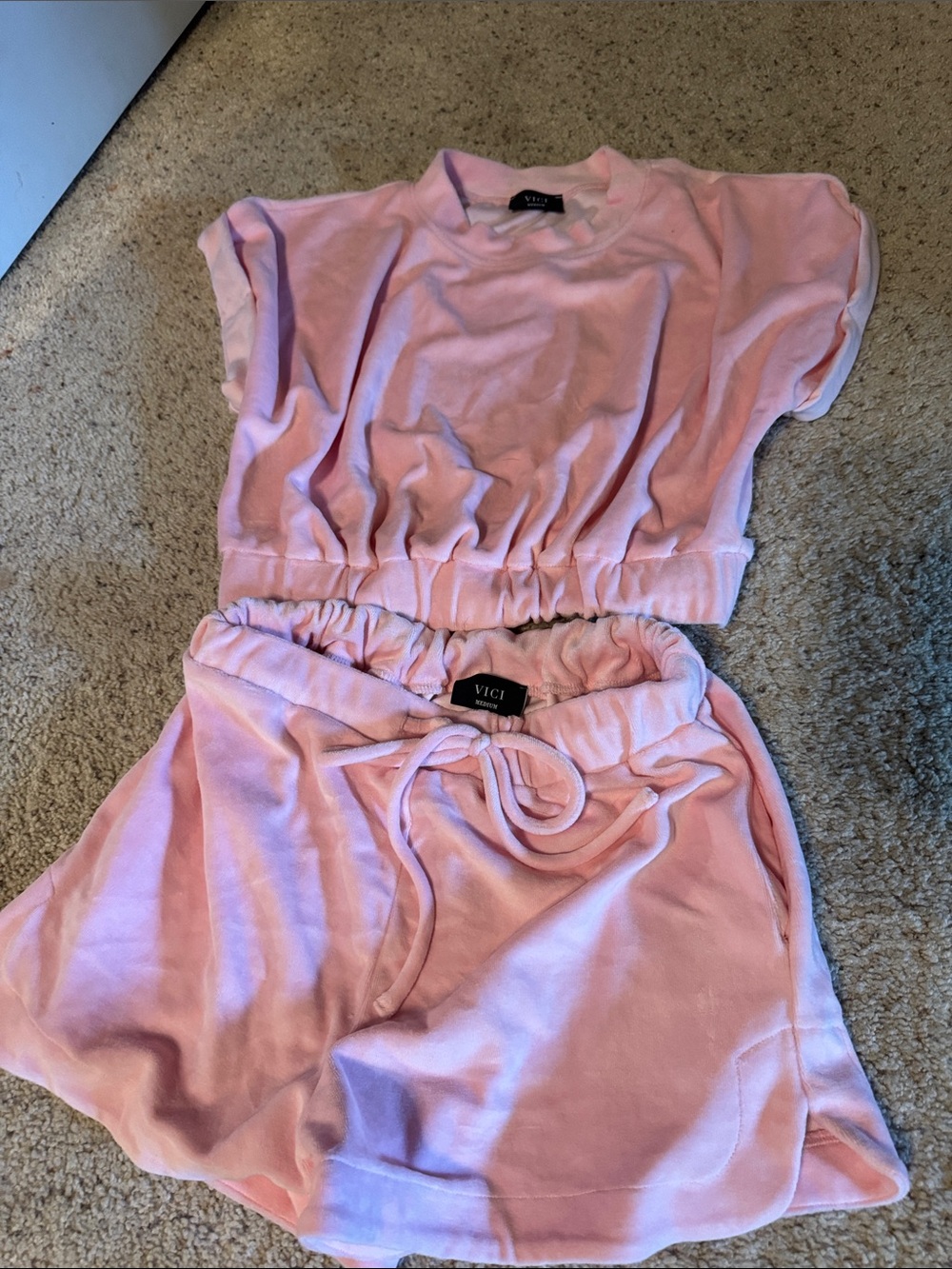 VICI Light Pink velvet women’s 'Short Sleeve sweat  Set with Drawstring Shorts